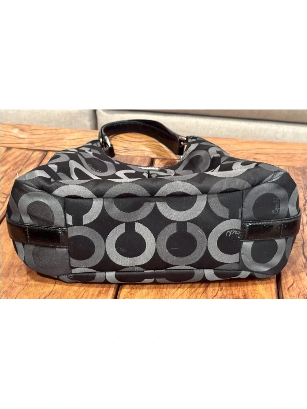 🖤COACH🖤 CANVAS LOGO OP ART PATENT LEATHER TRIM 3 SECTION HOBO SHOULDER BAG
